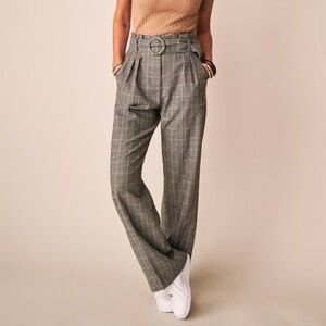Sezane Plaid Wide-Leg Pants - Brown and Gray